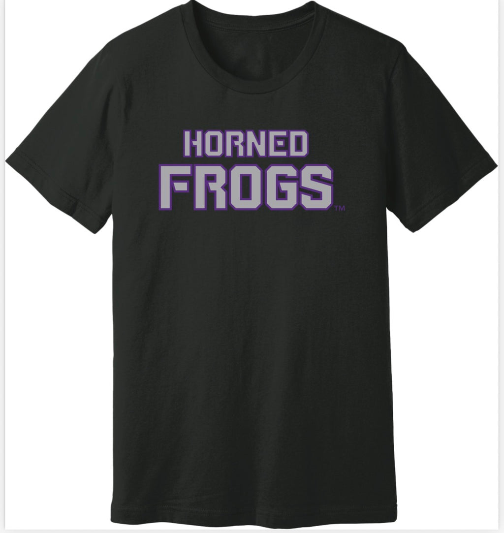 Black t-shirt with 'Horned Frogs' text in purple on a white background