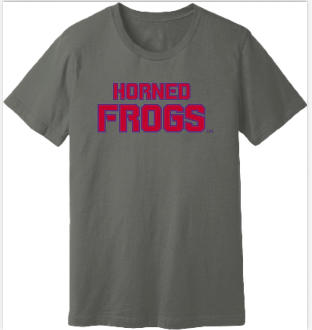 Gray t-shirt with 'Horned Frogs' text in red and blue on a white background