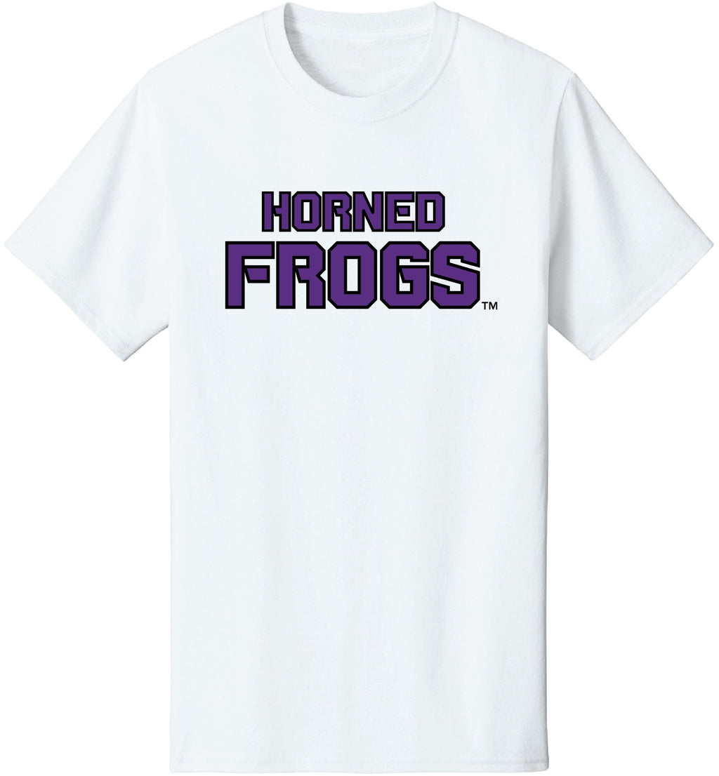 White t-shirt with 'Horned Frogs' text in purple on a white background