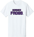 White t-shirt with 'Horned Frogs' text in purple on a white background