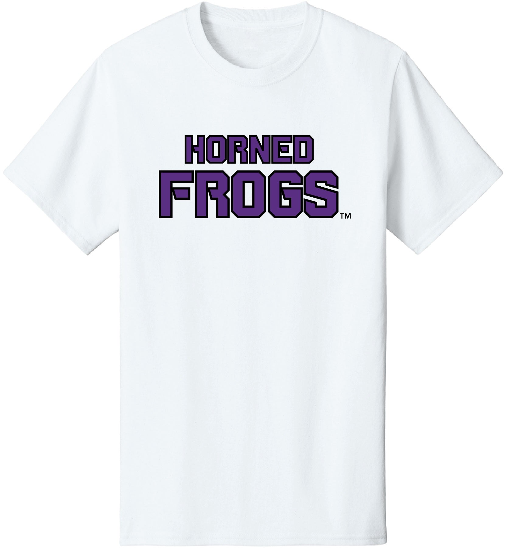 White t-shirt with 'Horned Frogs' text in purple on a white background